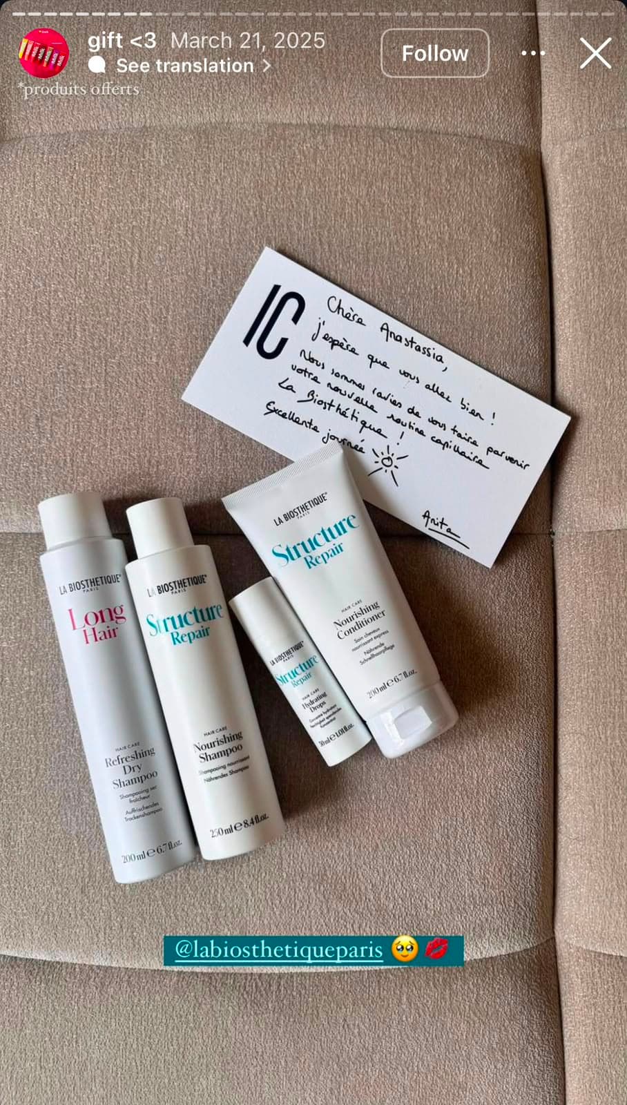 Story influenceuse — soins La Biosthétique